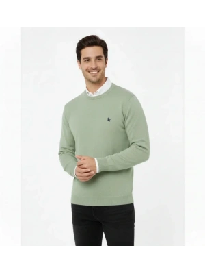 Erkek Bisiklet Yaka Nakış Işlemeli Triko Kazak Yumuşak Dokulu Pamuklu Ince Dokuma, Uzun Kollu Rahat Regular Kalıp  Mint Yeşili