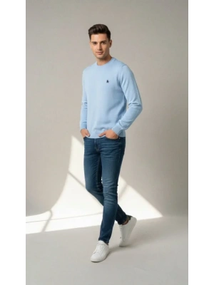 Erkek Bisiklet Yaka Nakış Işlemeli Triko Kazak Yumuşak Dokulu Pamuklu Ince Dokuma, Uzun Kollu Rahat Regular Kalıp  Mavi