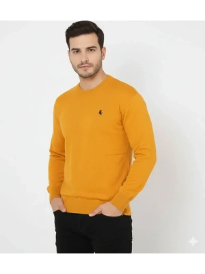 Erkek Bisiklet Yaka Nakış Işlemeli Triko Kazak Yumuşak Dokulu Pamuklu Ince Dokuma, Uzun Kollu Rahat Regular Kalıp  Turuncu