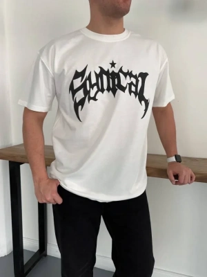 Erkek Bisiklet Yaka Ön Baskılı Kısa Kollu Tişört treetwear Günlük Basic Pamuklu Tshirt  Beyaz