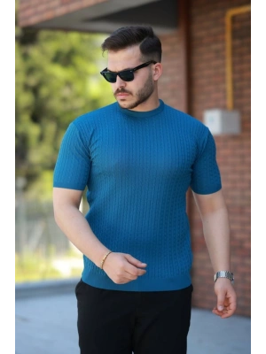 Erkek Bisiklet Yaka örgü Desenli Kısa örme Triko Kısa Kollu Tshirt