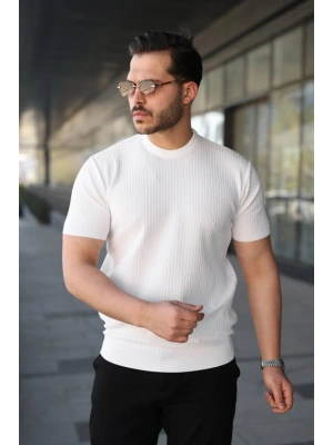 Erkek Bisiklet Yaka Petek Dokulu Kısa Kollu Triko Tişört