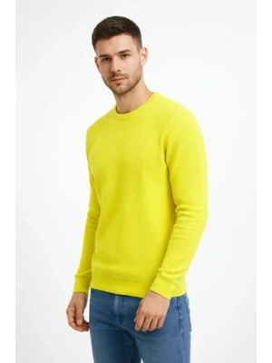 Erkek Bisiklet Yaka Petekli Dokulu Triko Kazak Pamuklu Ince Dokuma, Uzun Kollu Rahat Regular Kalıp  Sarı