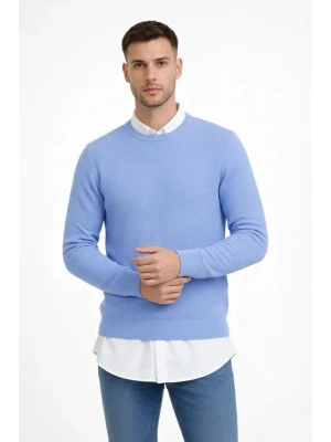 Erkek Bisiklet Yaka Petekli Dokulu Triko Kazak Pamuklu Ince Dokuma, Uzun Kollu Rahat Regular Kalıp  avi