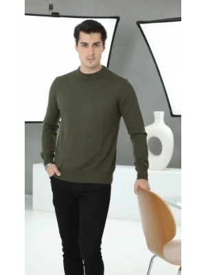 Erkek Bisiklet Yaka Triko Kazak Yumuşak Dokulu Pamuklu Ince Dokuma Uzun Kollu  Haki