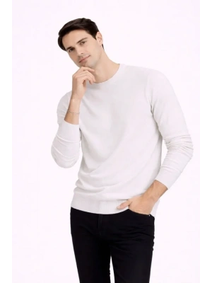 Erkek Bisiklet Yaka Triko Kazak Yumuşak Dokulu Pamuklu Ince Dokuma, Uzun Kollu Rahat Regular Kalıp  Beyaz