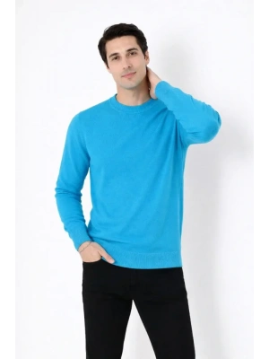 Erkek Bisiklet Yaka Triko Kazak Yumuşak Dokulu Pamuklu Ince Dokuma, Uzun Kollu Rahat Regular Kalıp  Mavi