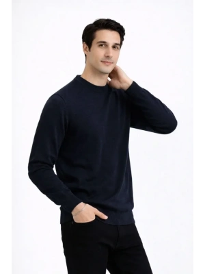 Erkek Bisiklet Yaka Triko Kazak Yumuşak Dokulu Pamuklu Ince Dokuma, Uzun Kollu Rahat Regular Kalıp  Lacivert
