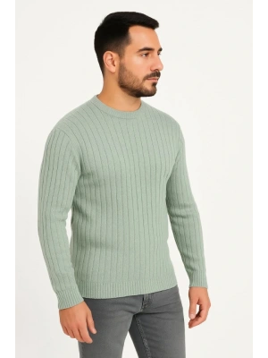 Erkek Bisiklet Yuvarlak Yaka Triko Kazak Pamuklu Kalın Fitilli Dokuma, Regular Fit Uzun Kollu Kışlık odel  int Yeşili