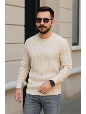 Erkek Bisiklet Yuvarlak Yaka Triko Kazak Pamuklu Kalın Fitilli Dokuma, Regular Fit Uzun Kollu Kışlık odel  Bej