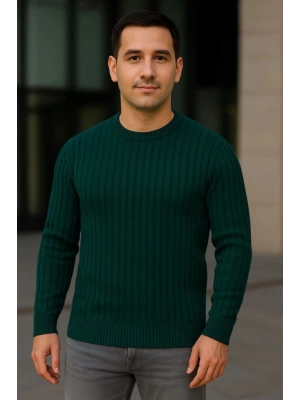 Erkek Bisiklet Yuvarlak Yaka Triko Kazak Pamuklu Kalın Fitilli Dokuma, Regular Fit Uzun Kollu Kışlık odel  Haki