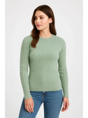 Erkek Bisiklet Yuvarlak Yaka Triko Kazak Pamuklu Kalın Fitilli Dokuma, Regular Fit Uzun Kollu Kışlık odel  int Yeşili