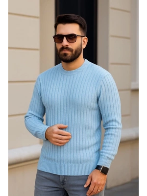 Erkek Bisiklet Yuvarlak Yaka Triko Kazak Pamuklu Kalın Fitilli Dokuma, Regular Fit Uzun Kollu Kışlık odel  Bebe avisi