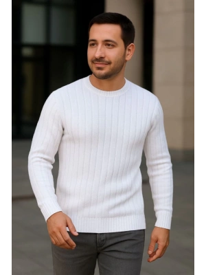 Erkek Bisiklet Yuvarlak Yaka Triko Kazak Pamuklu Kalın Fitilli Dokuma, Regular Fit Uzun Kollu Kışlık odel  Beyaz