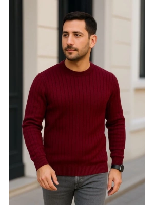 Erkek Bisiklet Yuvarlak Yaka Triko Kazak Pamuklu Kalın Fitilli Dokuma, Regular Fit Uzun Kollu Kışlık odel  Bordo
