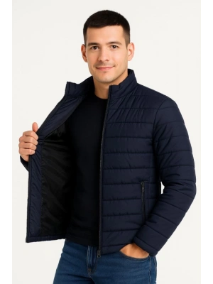 Erkek Bomber ont Ceket–Su İtici Kumaş, Kapitone Astarlı, Fermuarlı, Kışlık  Lacivert