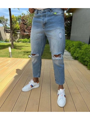 Erkek Buz Mavi Boyfriend Yırtık Detaylı Jean