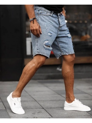 Erkek Buz Mavi Yırtık Detaylı Kot Şort
