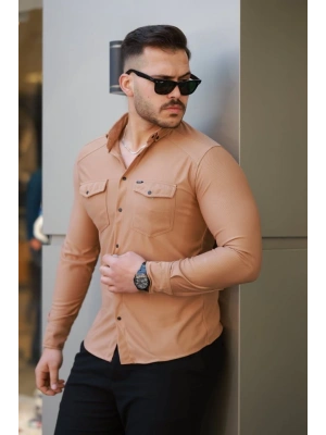 Erkek çift Cepli çıtçıt Düğmeli Uzun Kollu Gömlek