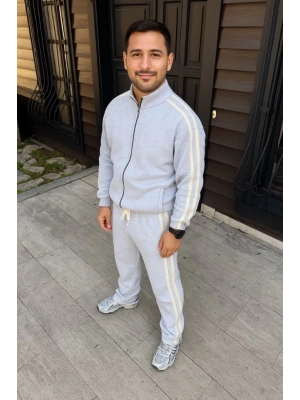 Erkek Çift Şeritli Eşofman Takım Dik Yaka Fermuarlı weatshirt Boru Paça Alt, Oversize 3 Iplik Pamuklu  Gri