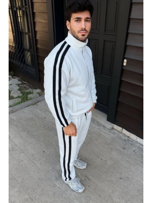 Erkek Çift Şeritli Eşofman Takım Dik Yaka Fermuarlı weatshirt Boru Paça Alt, Oversize 3 Iplik Pamuklu  Beyaz