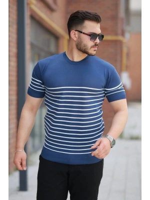 Erkek çizgi Desenli Bisiklet Yaka Kısa Kollu Tsihrt