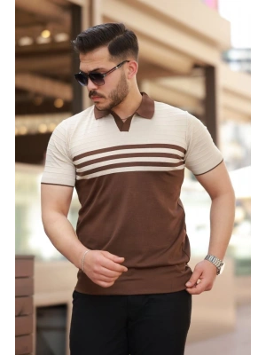 Erkek çizgi Desenli Yakalı Kısa Kollu Tshirt