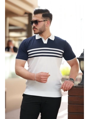 Erkek çizgi Desenli Yakalı Kısa Kollu Tshirt