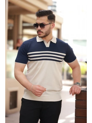 Erkek çizgi Desenli Yakalı Kısa Kollu Tshirt