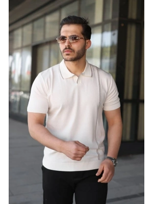 Erkek Çizgi Detaylı Yakalı Triko Tişört
