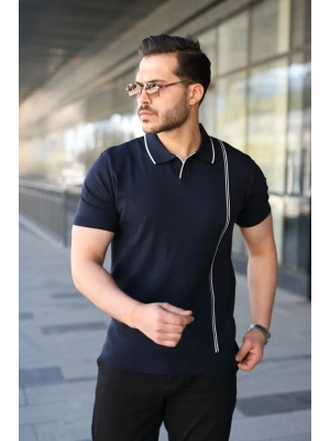 Erkek Çizgi Detaylı Yakalı Triko Tişört
