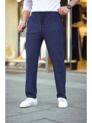 Erkek Cizgili Dokuma Krep Jogger Buggy Pantalon Rahat Kalıp  acivert