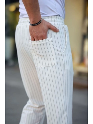 Erkek Cizgili Dokuma Krep Jogger Buggy Pantalon Rahat Kalıp  Beyaz