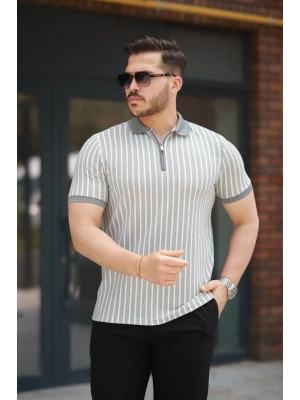 Erkek çizgili Fermuar Yakalı Kısa Kollu Tişört