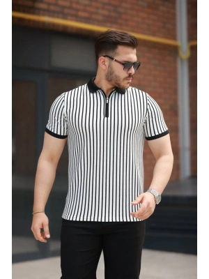 Erkek çizgili Fermuar Yakalı Kısa Kollu Tişört