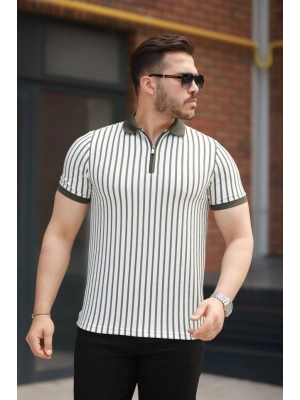 Erkek çizgili Fermuar Yakalı Kısa Kollu Tişört