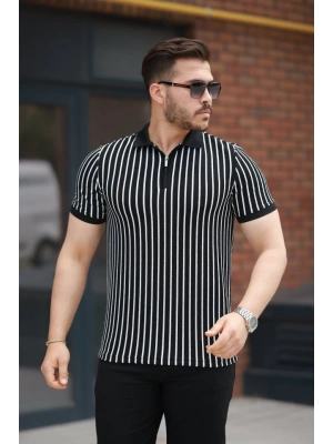 Erkek çizgili Fermuar Yakalı Kısa Kollu Tişört