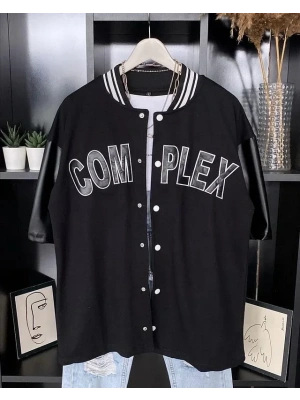 Erkek Complex Kolları Deri Kolej Oversize Tshirt  iyah