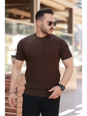 Erkek Desenli çizgi Kabartmalı Kısa Kollu Tişört