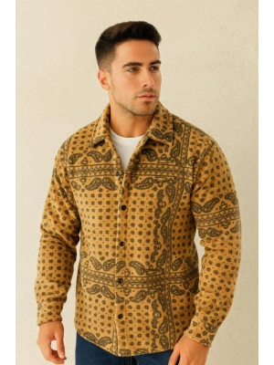 Erkek Desenli Düğmeli Polar Gömlek – Hardal Paisley Desen Yakalı, Uzun Kollu, Oversize Rahat Kalıp  arı