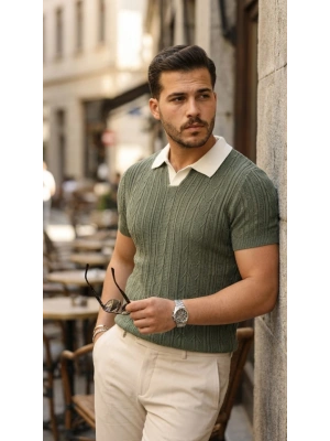 Erkek Desenli Kısa Kollu Triko Tişört  %100 Pamuk Akrilik