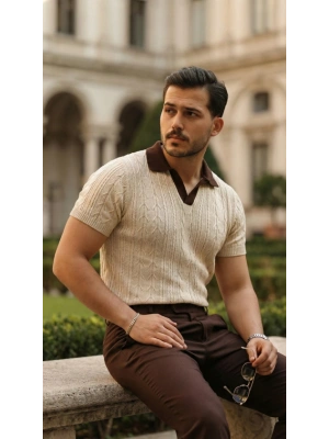 Erkek Desenli Kısa Kollu Triko Tişört  %100 Pamuk Akrilik