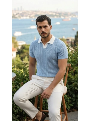 Erkek Desenli Kısa Kollu Triko Tişört  %100 Pamuk Akrilik