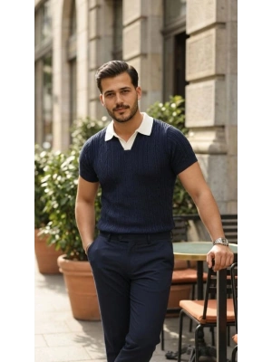 Erkek Desenli Kısa Kollu Triko Tişört  %100 Pamuk Akrilik