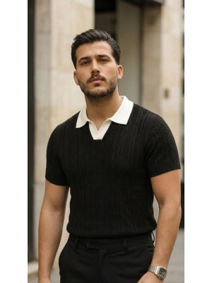 Erkek Desenli Kısa Kollu Triko Tişört  %100 Pamuk Akrilik