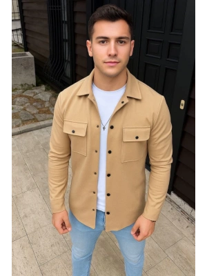 Erkek Diagonal Kumaş Cepli Çıtçıtlı Uzun Kollu, Gömlek Oversize Rahat Kalıp Günlük Şık til  Bej