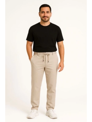 Erkek Diagonel ikro Dokulu Cepli Pantolon  Bej