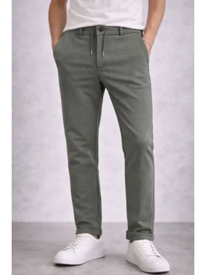 Erkek Diagonel ikro Dokulu Duble Paça Cepli Pantolon Bağcıklı Bel, odern Kesim  Haki