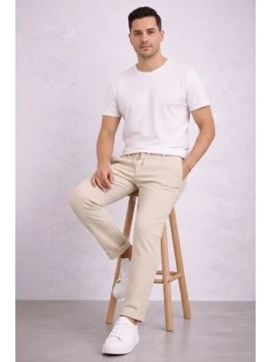 Erkek Diagonel ikro Dokulu Duble Paça Cepli Pantolon Bağcıklı Bel, odern Kesim  Krem