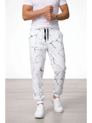 Erkek Dijital Baskılı Eşofman Altı Kışlık Üç İplik Şardonlu Kumaş astikli Paça, Cepli, Rahat Kalıp  Beyaz